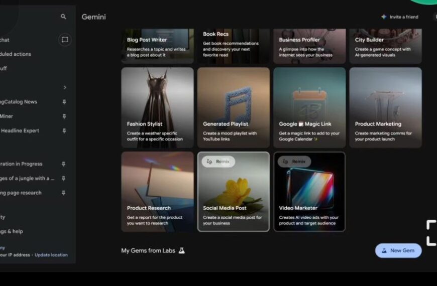 Интерфейс Gemini с панелью задач и выбором приложений для маркетинга и создания контента.