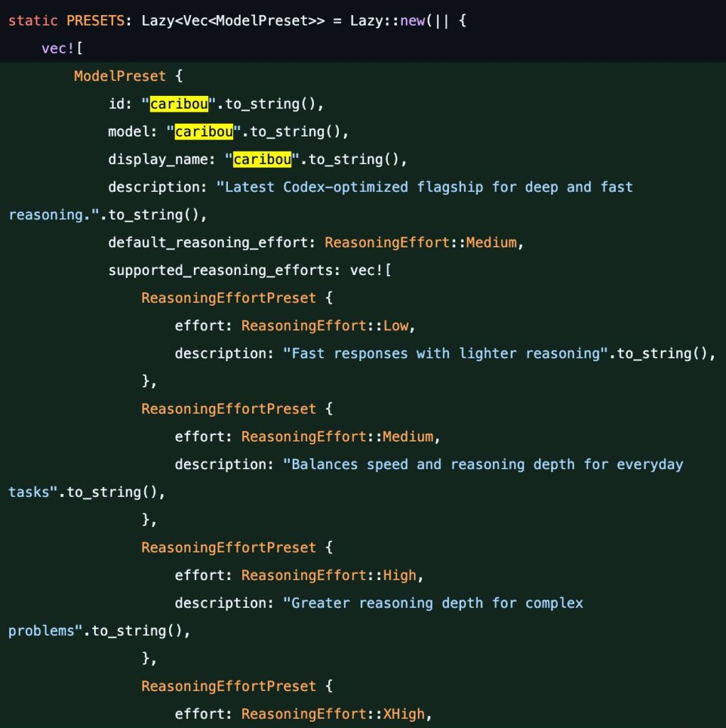 Фрагмент кода Rust с настройками моделей и усилием рассуждения.