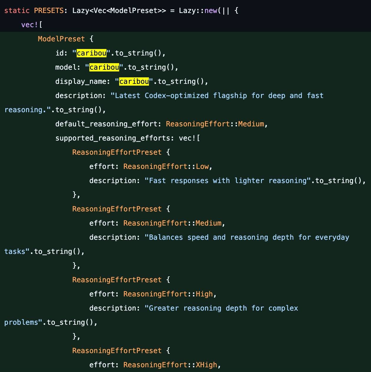 Фрагмент кода Rust с настройками моделей и усилием рассуждения.