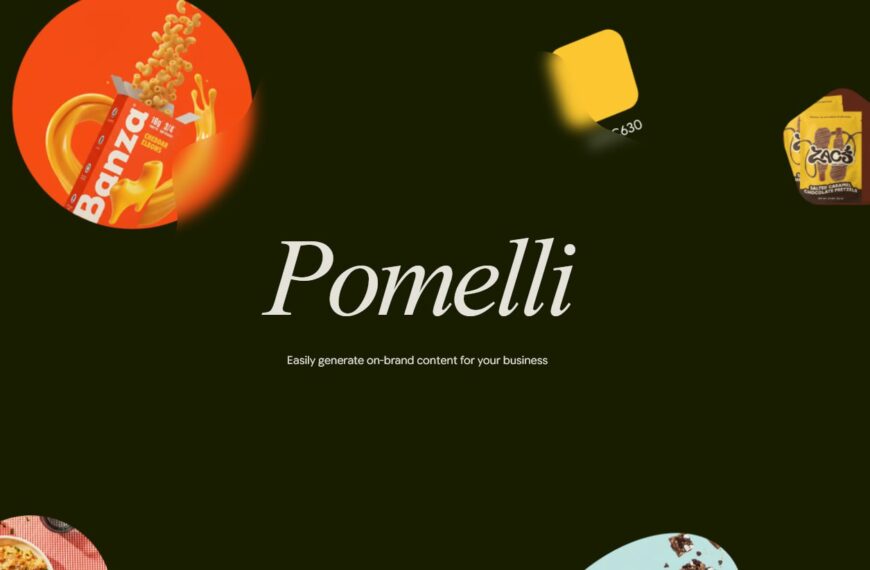 Текст на тёмном фоне: "Pomelli" с цветными продуктами по краям, брендинг контента.