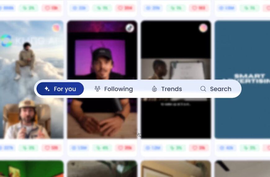 Интерфейс социальной платформы с вкладками "For you", "Following", "Trends", "Search".