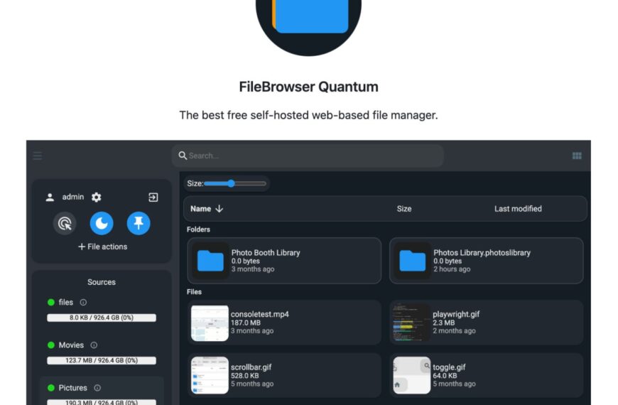 Интерфейс FileBrowser Quantum с файлами и папками в веб-менеджере.