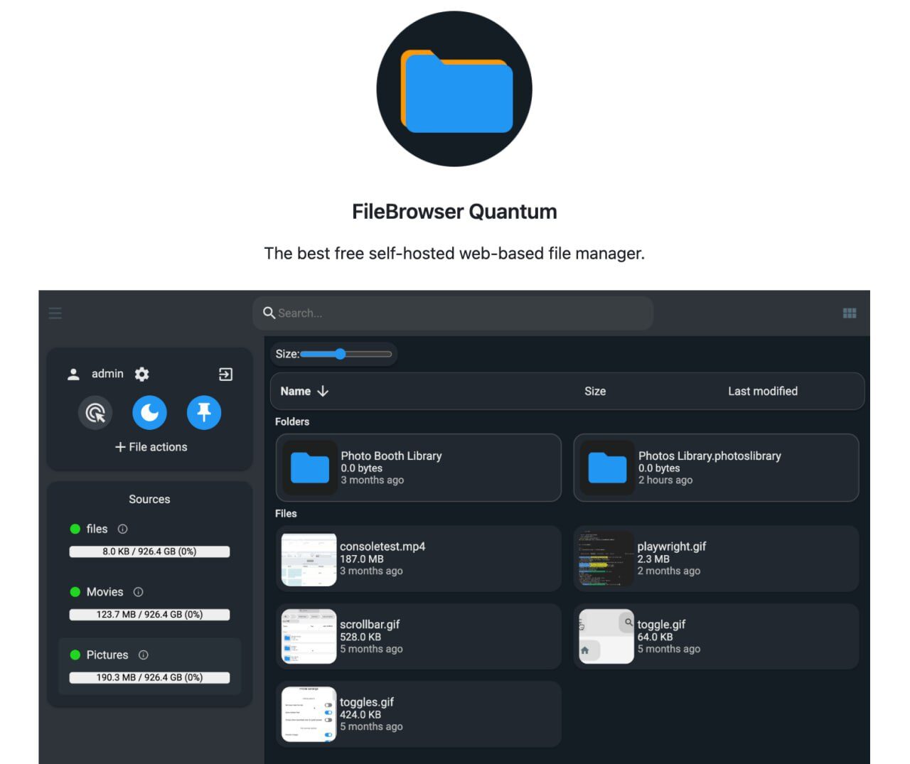 🔐 Ваше личное облако за 5 минут: FileBrowser Quantum Нашли... 3 Интерфейс FileBrowser Quantum с файлами и папками в веб-менеджере.
