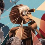 Ретро-робот взаимодействует с людьми, художественный стиль, акценты на взаимодействии.