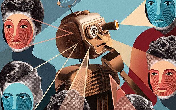 Ретро-робот взаимодействует с людьми, художественный стиль, акценты на взаимодействии.