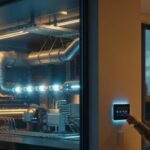 Человек управляет системой дома через сенсорный экран; современная технология и автоматика.