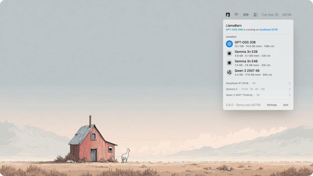 🛠 Для тех, кому надоели танцы с терминалом: LlamaBarn —... 1 Пустыня с хижиной и ламой, экран с установкой GPT-моделей.