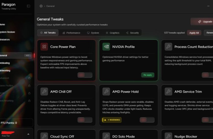 Интерфейс программы оптимизации системы Paragon с настройками производительности.