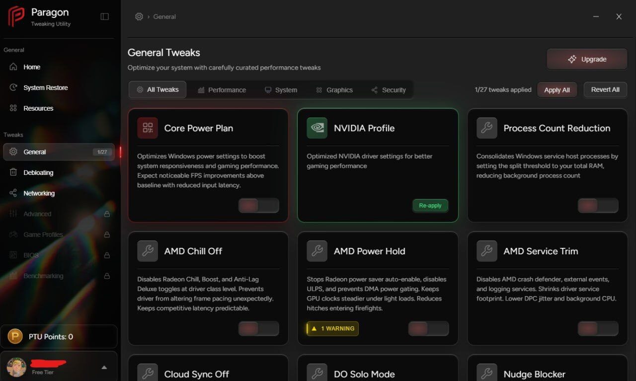 Интерфейс программы оптимизации системы Paragon с настройками производительности.