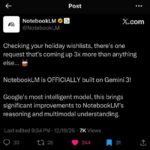 Пост о платформе NotebookLM, основанной на модели Gemini 3 от Google, для улучшения функционала.