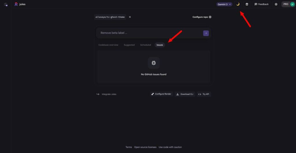 Google готовит вкладку Issues для Jules — багфикс уходит на... 1 Интерфейс панели управления с отсутствующими проблемами GitHub.