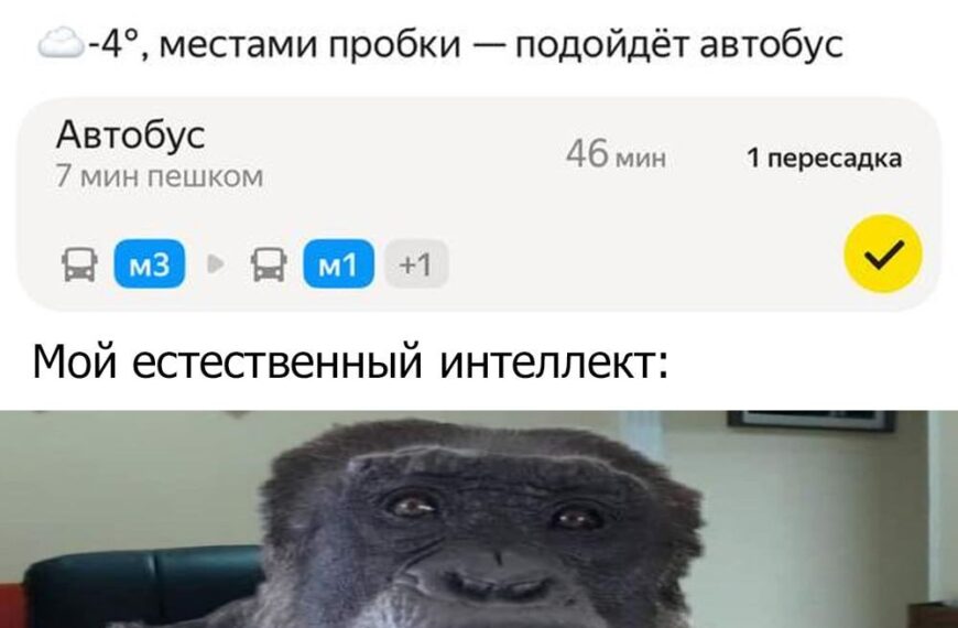 Мем о Яндекс-навигаторе и естественном интеллекте, с изображением задумчивой обезьяны.
