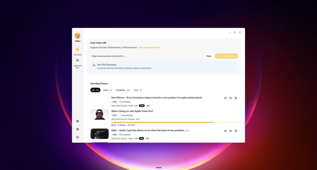 Программа VidBee для скачивания видео из YouTube с прогрессом загрузки на экране.