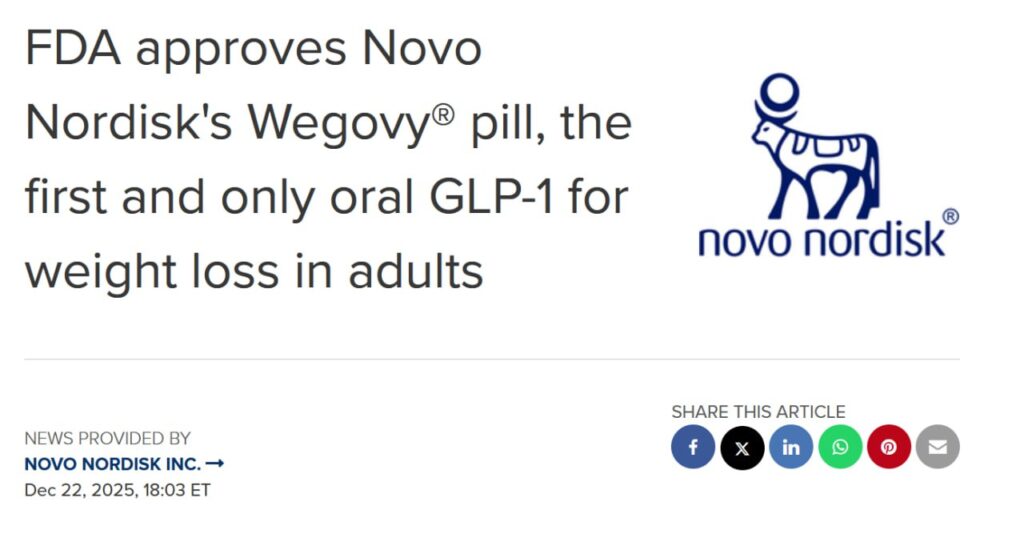 FDA одобрило таблетку Wegovy от Novo Nordisk для снижения веса у взрослых.