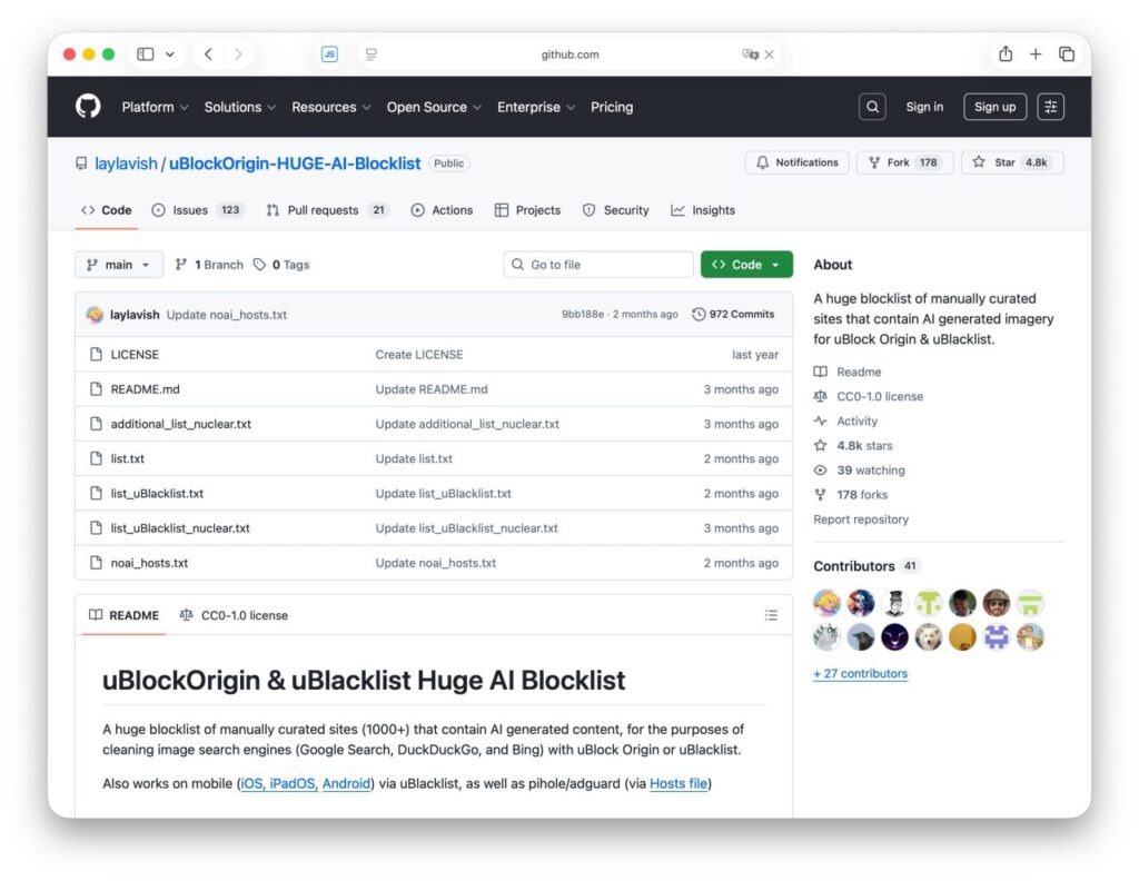 🚫 Чистим поиск от ИИ-спама Нашли расширение для браузера, которое... 1 GitHub репозиторий: список сайтов для блокировки через uBlockOrigin и uBlacklist, описание проектов.