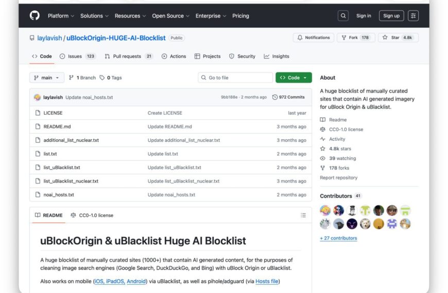 GitHub репозиторий: список сайтов для блокировки через uBlockOrigin и uBlacklist, описание проектов.
