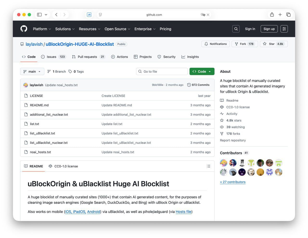 GitHub репозиторий: список сайтов для блокировки через uBlockOrigin и uBlacklist, описание проектов.