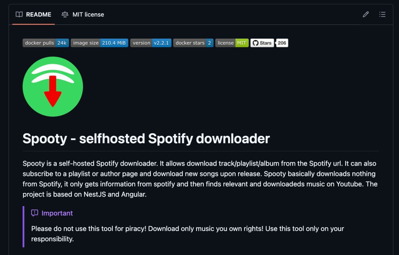 Spooty — приложение для скачивания музыки с Spotify, саморазвёртываемое, на NestJS и Angular.