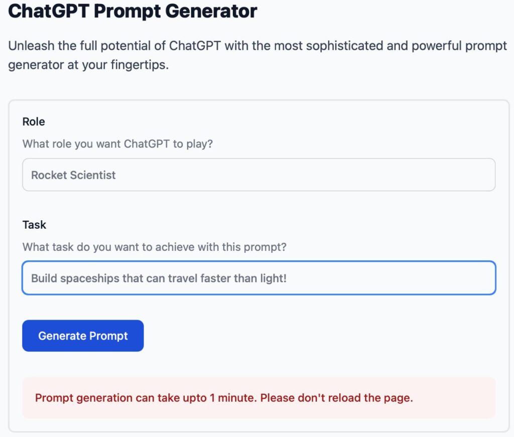 Прокачиваем промпты до предела: появился инструмент, который делает идеальный запрос... 1 Чат-генератор подсказок для создания космических кораблей, превышающих скорость света.
