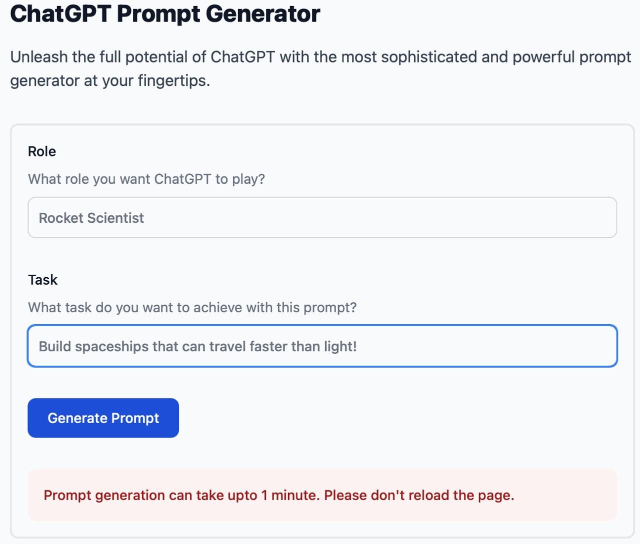 Чат-генератор подсказок для создания космических кораблей, превышающих скорость света.