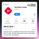 Интерфейс App Store с приложением YouTube Create для iOS, рейтинг 5.0, возраст 12+.