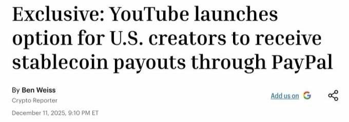 YouTube запускает выплаты в стейблкоинах для авторов из США через PayPal.