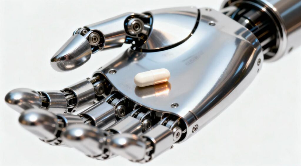 BoltzGen — ИИ, который создаёт новые белки и ускоряет разработку... 1 Роботизированная рука держит белую капсулу на ладони, технологии и медицина.