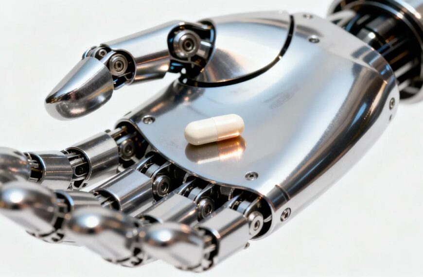 Роботизированная рука держит белую капсулу на ладони, технологии и медицина.