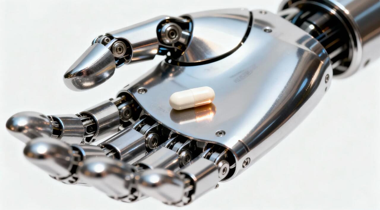 Роботизированная рука держит белую капсулу на ладони, технологии и медицина.