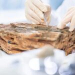 Палеонтолог изучает фоссилию в лаборатории, используя инструменты и перчатки.