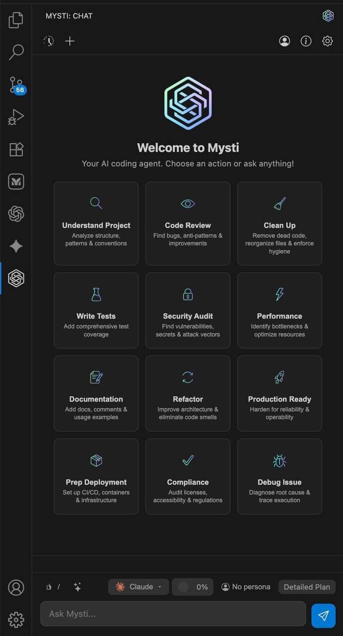 Интерфейс Mysti: функции ИИ для ревью кода, тестирования и безопасности.