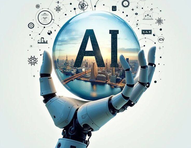 Робот держит шар с буквами AI, изображающими искусственный интеллект и город за стеклом.