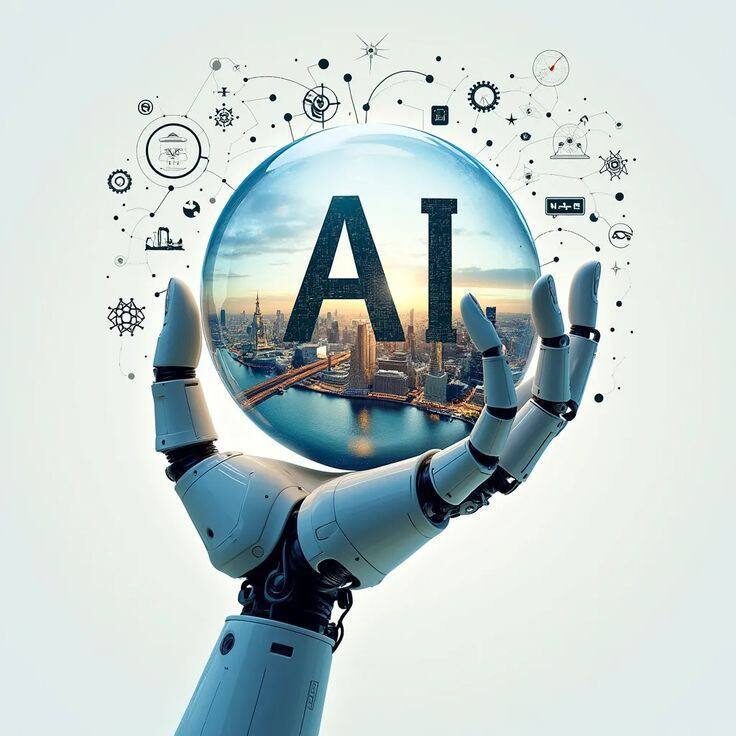 Робот держит шар с буквами AI, изображающими искусственный интеллект и город за стеклом.
