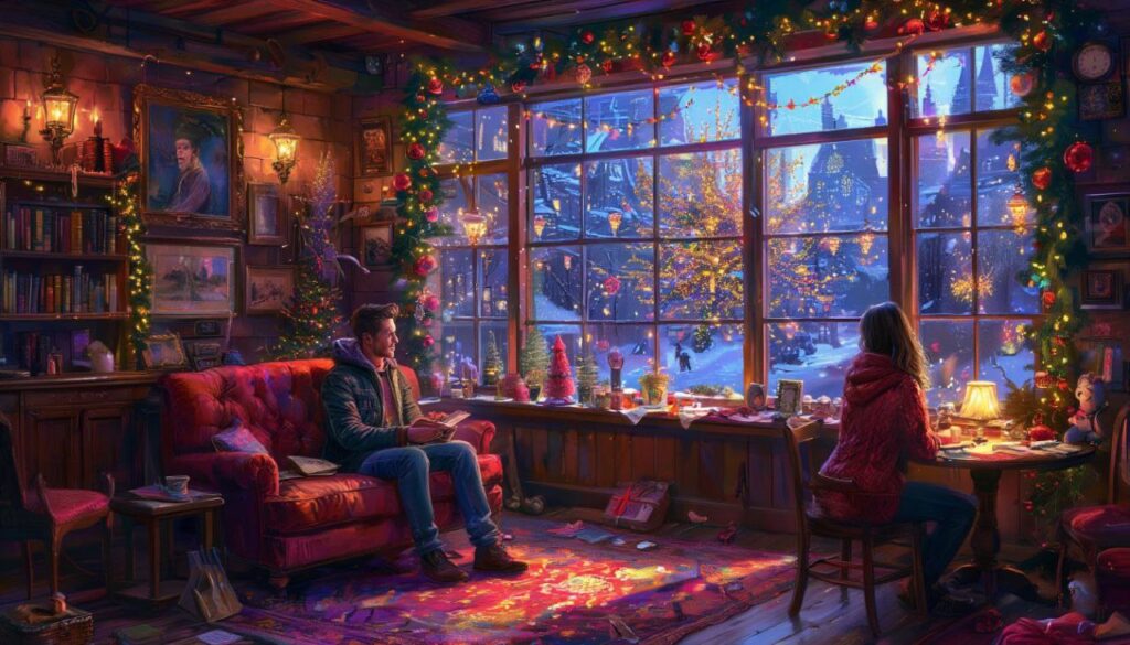 Итоги ИИ‑2025: год, когда ИИ стал сотрудником, а не просто... 1 Уютная комната с новогодними украшениями, два человека смотрят в окно на зимний пейзаж.