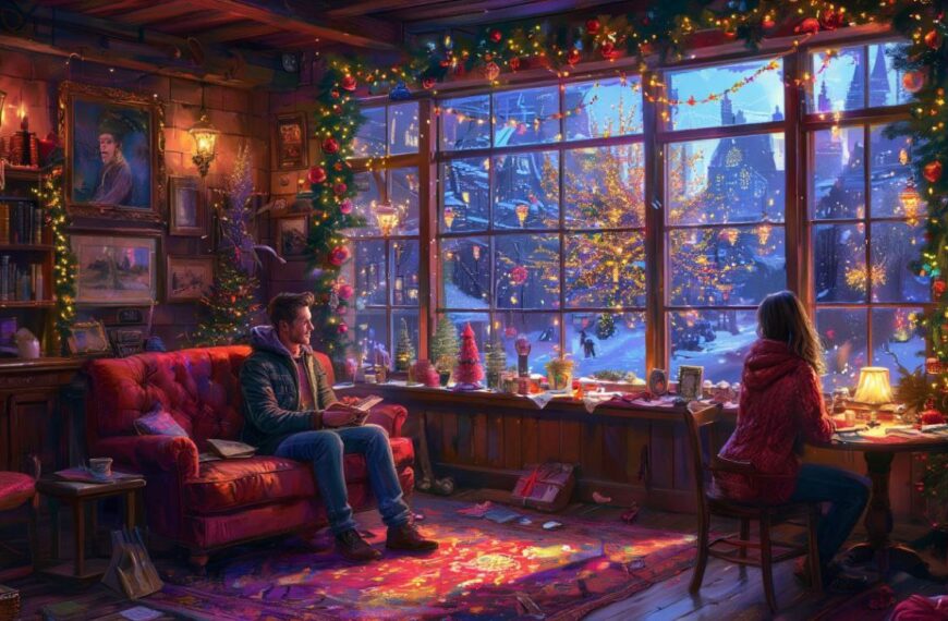Уютная комната с новогодними украшениями, два человека смотрят в окно на зимний пейзаж.