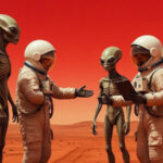 Астронавты встречаются с инопланетянами на красной планете под ярко-красным небом.