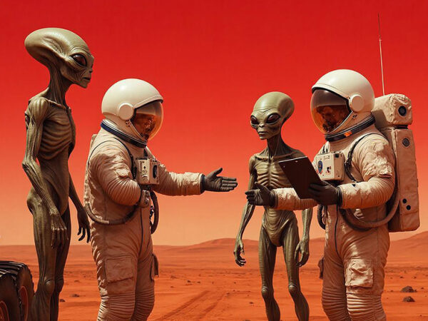 Астронавты встречаются с инопланетянами на красной планете под ярко-красным небом.