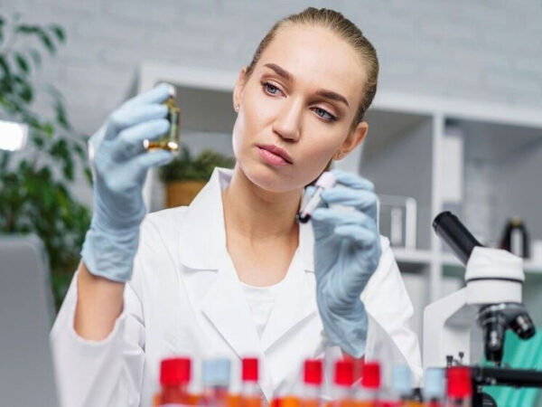 Женщина-учёный в лаборатории анализирует образцы в пробирках.