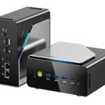 Мини-ПК с портами USB и HDMI, современный дизайн, компактные размеры, черный корпус.