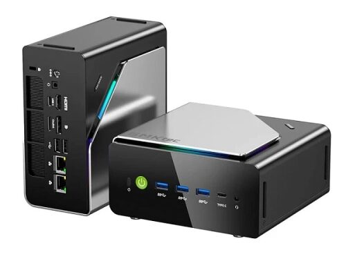 Мини-ПК с портами USB и HDMI, современный дизайн, компактные размеры, черный корпус.