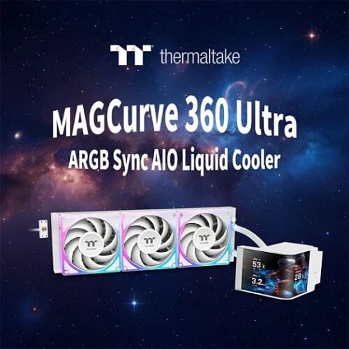 Thermaltake MAGCurve 360 Ultra ARGB, водяное охлаждение с дисплеем на фоне космоса.
