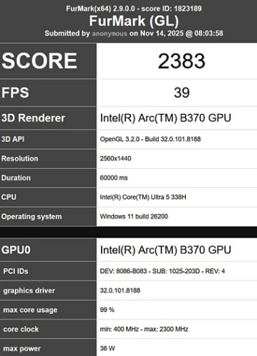 Графика Intel Arc B370 почти догоняет мобильную GeForce RTX 3050M Ti в FurMark