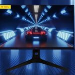 Монитор с изображением машины в футуристическом тоннеле, разрешение HD 1080p 165 Гц.