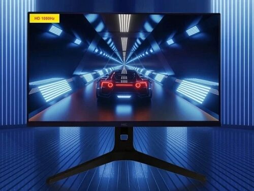 Монитор с изображением машины в футуристическом тоннеле, разрешение HD 1080p 165 Гц.