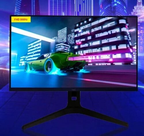 Монитор с изображением неонового авто в городе, надпись FHD 800Hz.