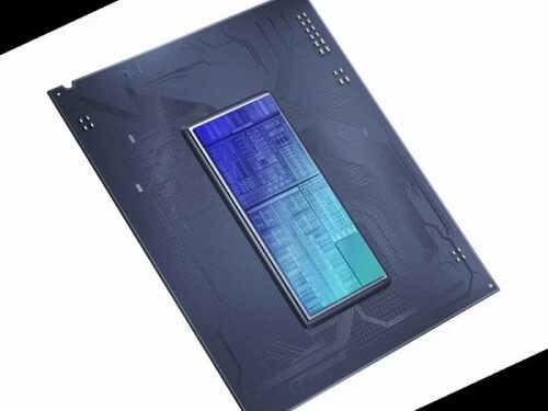 Микрочип на серой плате, вид со стороны контактов, технологические компоненты.