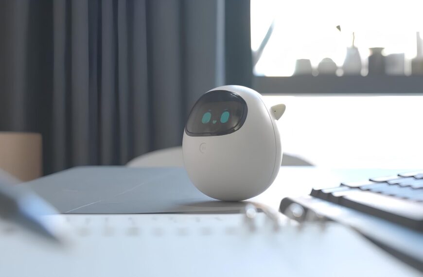 Белый умный робот на столе в офисе, рядом клавиатура и окно.