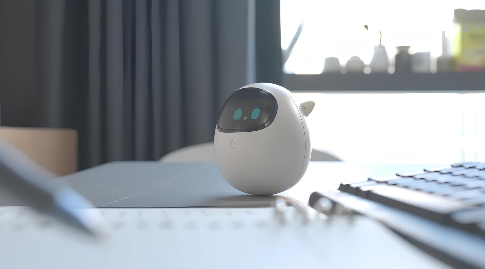 Белый умный робот на столе в офисе, рядом клавиатура и окно.