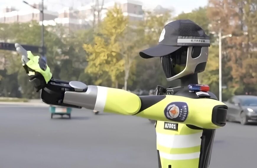 Робот-регулировщик на дороге в городской обстановке.