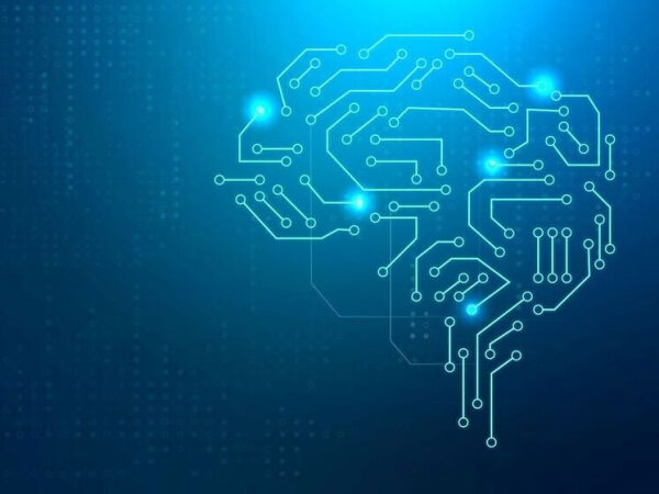 Схематичное изображение мозга из цифровых цепей на синем фоне.